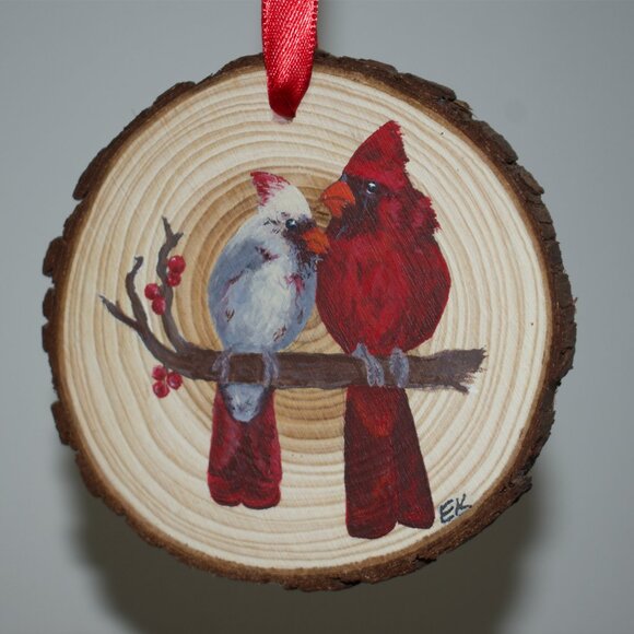 Hand-painted Cardinals on a Wooden Ornament - Picture 1 of 4